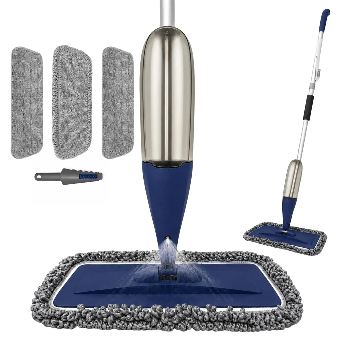 Mop Spray Com 800ml – Esfregão Com Spray De Microfibra Com 3 Refis Laváveis, Limpeza De Chão Seco E úmido, Ideal Para Cozinha, Piso Laminado, Azulejos E Madeira (Azul) - 1