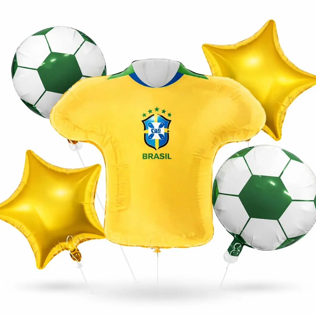 Kit 5 Balões Metalizados Futebol Brasil Camisa Bola Estrelas para Festa | Inclui taça, camisa do Brasil, orbz 4D e kits variados. Ideal para festa de futebol e copa