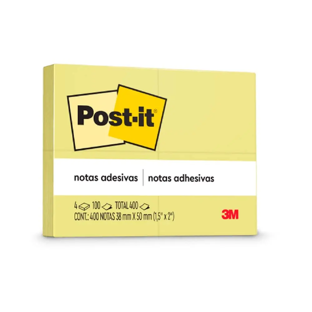 POST-IT 3M Bloco de Notas Adesivas Amarelo 400 Folhas | 39 mm x 50 mm, Adesão Excelente, Ideais para Anotações e Recados em Superfícies Verticais, Como Paredes, Portas, Janelas - 1