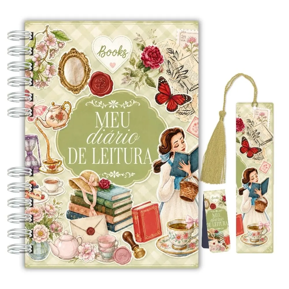 Planner Diário de Leitura – A bela e a fera | Capa Dura com Marcador Tassel + Marcador Magnético (Capa Colagem Elegante Verde)