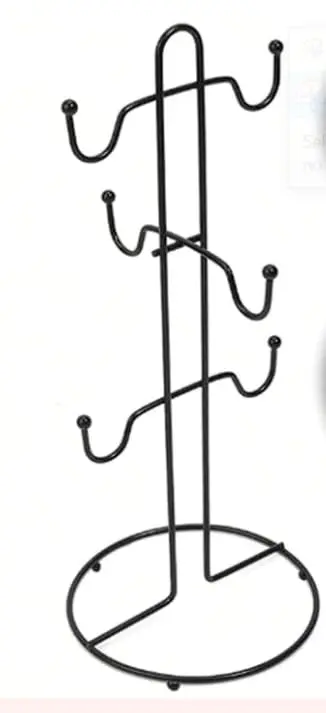 Suporte Porta Organizador Aramado de Metal para Cozinha com 6 Ganchos para Canecas e Xícaras Vertical com Base Preto e Cromado 33x14.5 cm