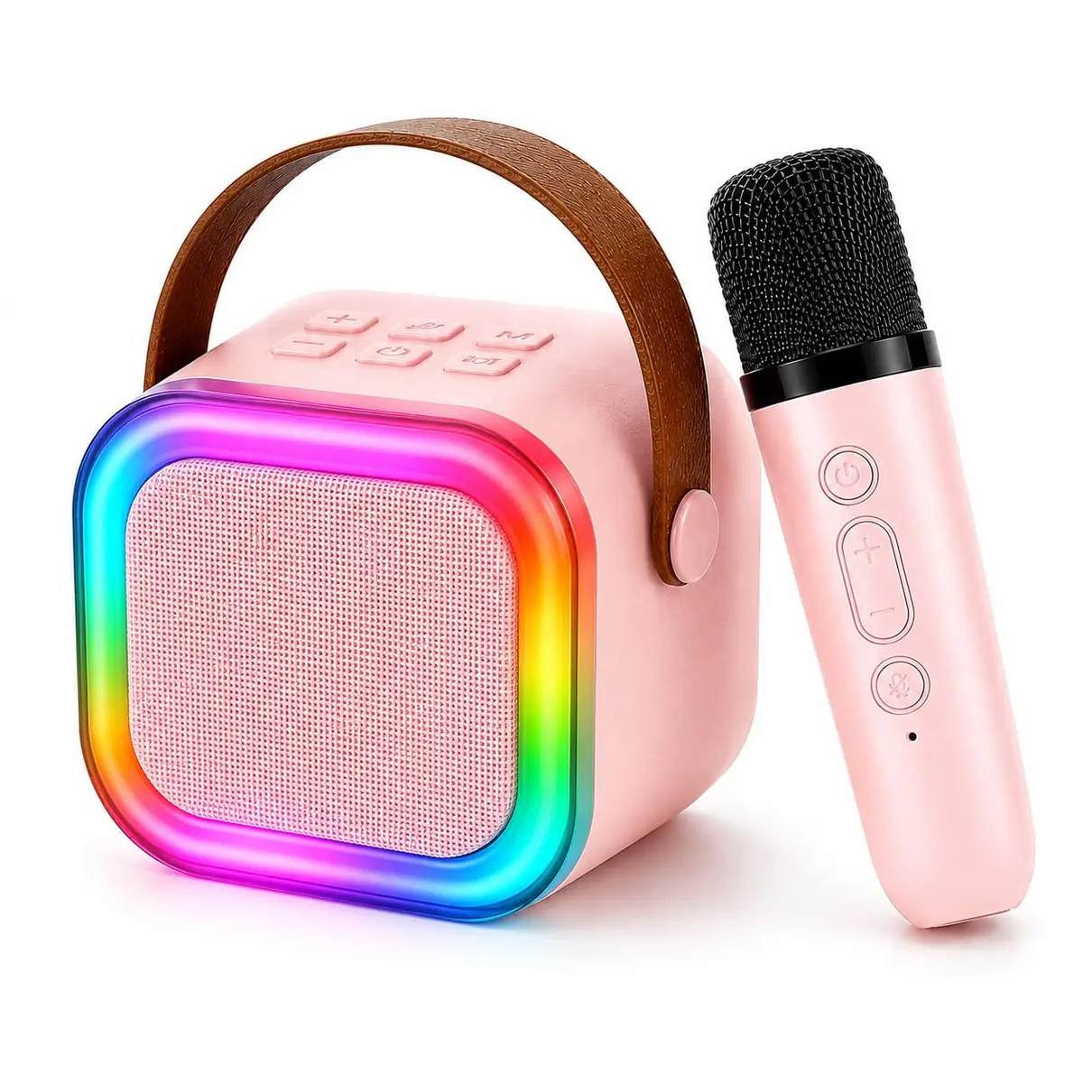 Kit Karaokê Portátil com Caixa de Som Bluetooth, Microfone sem Fio, Luzes LED RGB, USB, Cartão TF e Som 10W | Para Crianças e Adultos | Rosa