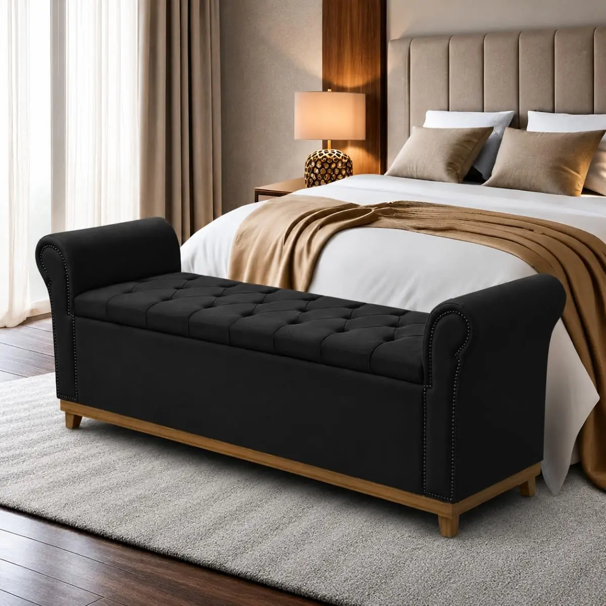 Baú Para Quarto Cama Box Queen Size Grécia Madeira Estofado (Preto)