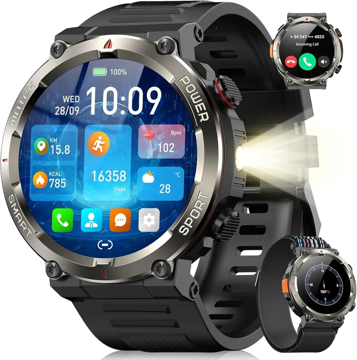 Blackview smartwatch Relógio Inteligente Militar, Chamadas Bluetooth, Bateria 960mAh 100 Dias, Lanterna LED, Bússola, 150+ Modos Esportivos, IP68 à Prova D'Água, Tela 1.45" - Android/iOS, Preto