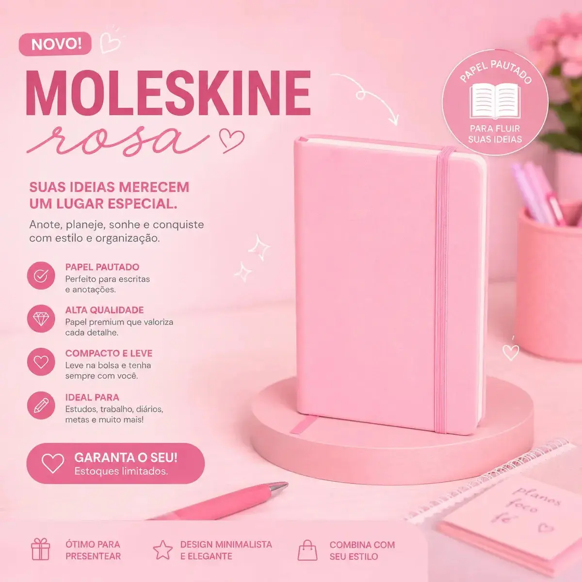 Caderneta De Anotação Executiva Rosa Claro Agenda 80 Folhas Pautadas Tamanho A5 Capa em Couro Sintético Marcador de Página e Elástico Ideal para Eventos Corporativos Religiosos Brindes