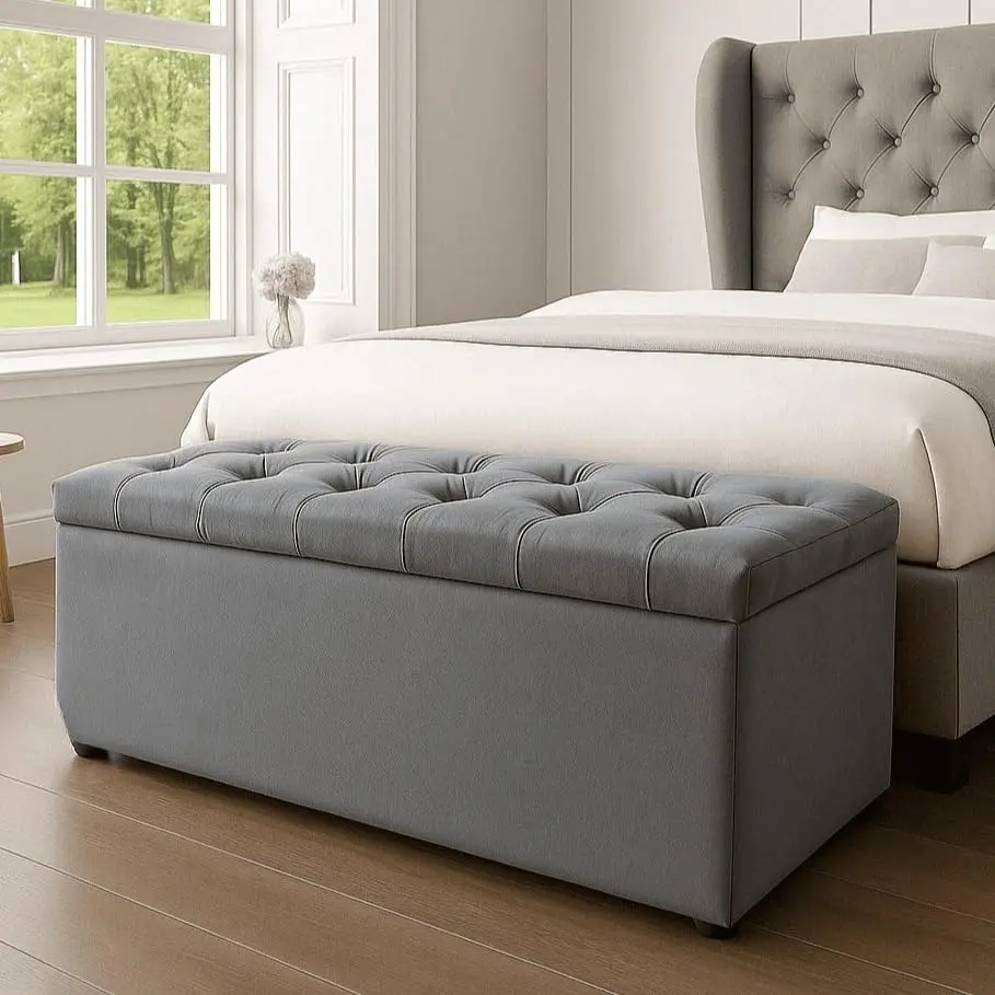 Puff Baú com Tampa Estofada em Suede ou Veludo, Banco Organizador para Sala, Quarto e Pé de Cama(CINZA SUEDE)