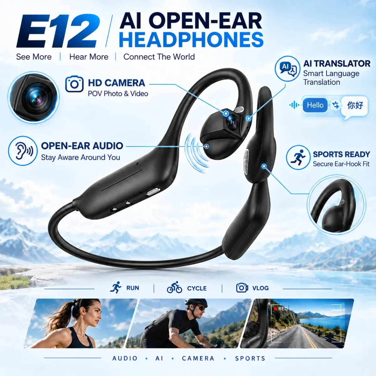 Fones de Ouvido de Condução Óssea E12 com Gancho de Orelha, Fones Esportivos de Ouvido Aberto com Tradutor de IA e Câmera HD para Corrida, Ciclismo e Gravação de Vlogs