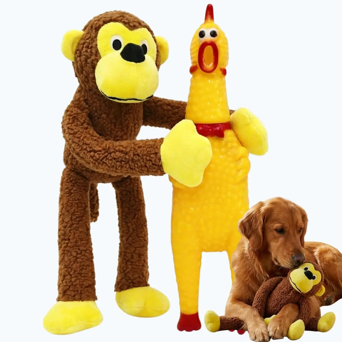 Kit 2 Brinquedo Pet Pelúcia Macaco 40cm Frango Galinha Grande Mordedor para Cachorro Cão
