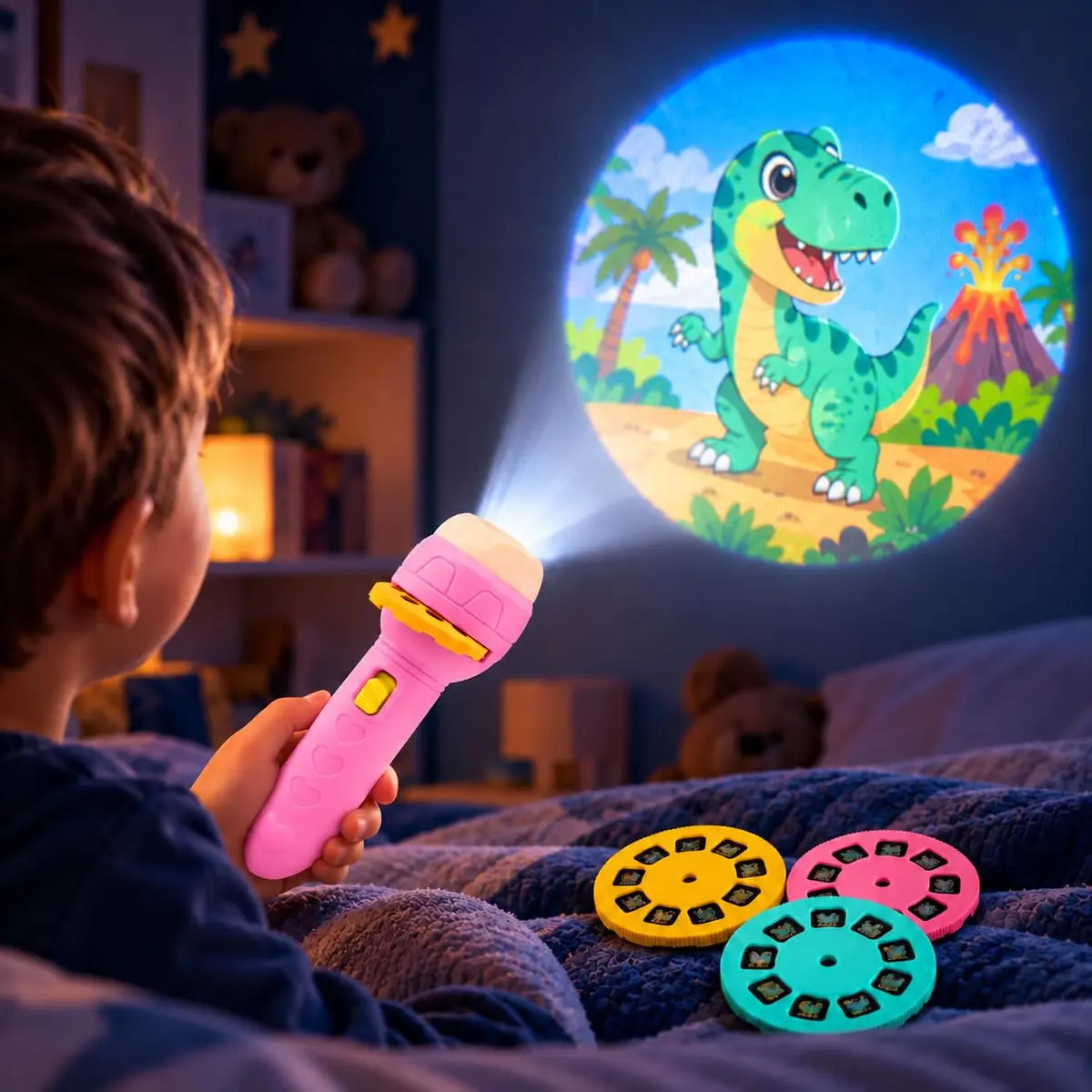 Lanterna Projetora Rosa ou Lilás Infantil com 3 Discos e 24 Imagens Sortidas, Brinquedo Educativo para Crianças, Projeção de Imagens na Parede e Teto, Divertida e Portátil (Rosa)