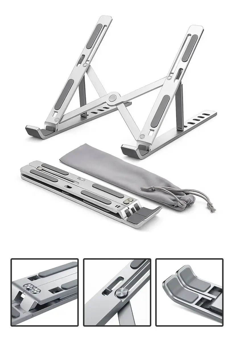 Suporte Para Notebook e Macbook de Alumínio Dobrável Prateado Ajuste de Altura e Inclinação Confortáve Base Antiderrapante Portátil Articulado Reforçado Ergonomico Universal Para 14 a 20 Polegadas