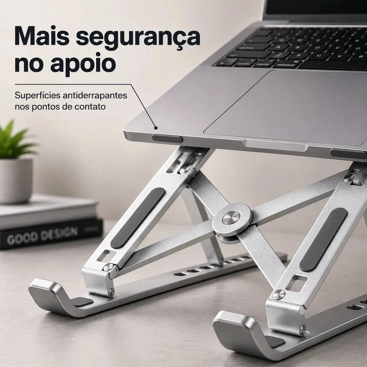Suporte Para Notebook e Macbook de Alumínio Dobrável Prateado Ajuste de Altura e Inclinação Confortáve Base Antiderrapante Portátil Articulado Reforçado Ergonomico Universal Para 14 a 20 Polegadas thumbnail 2