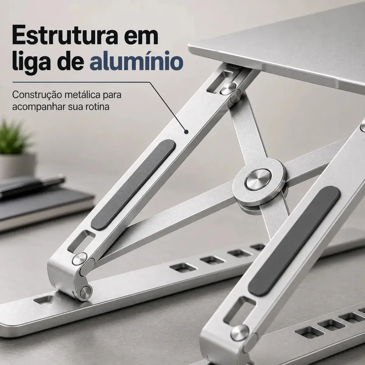 Suporte Para Notebook e Macbook de Alumínio Dobrável Prateado Ajuste de Altura e Inclinação Confortáve Base Antiderrapante Portátil Articulado Reforçado Ergonomico Universal Para 14 a 20 Polegadas thumbnail 3