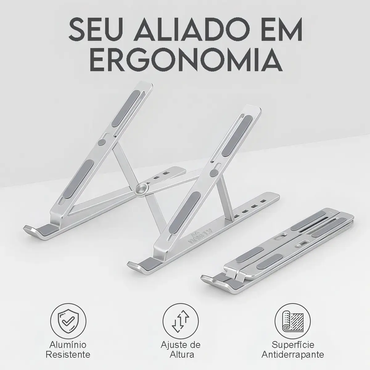 Suporte Para Notebook e Macbook de Alumínio Dobrável Prateado Ajuste de Altura e Inclinação Confortáve Base Antiderrapante Portátil Articulado Reforçado Ergonomico Universal Para 14 a 20 Polegadas thumbnail 4