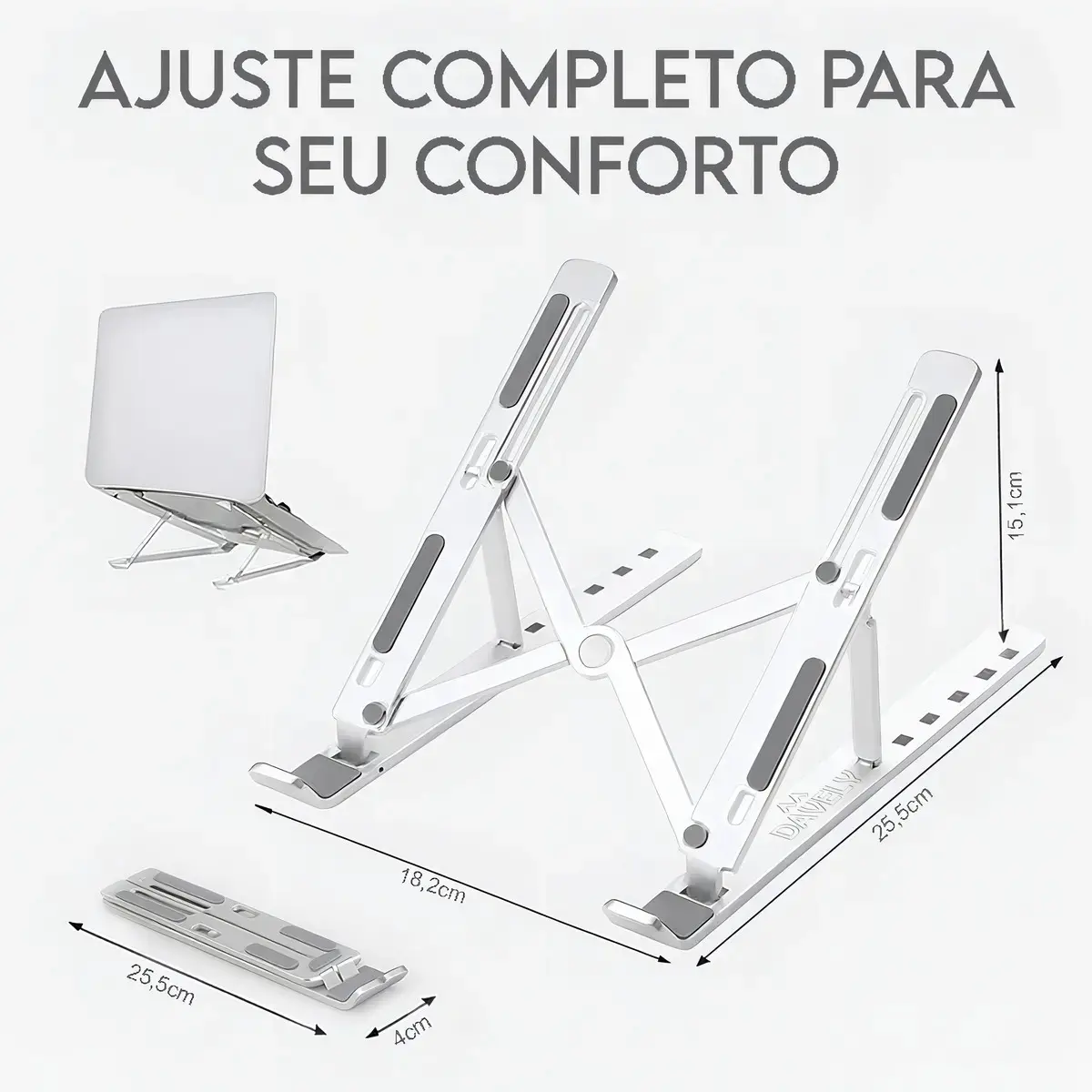 Suporte Para Notebook e Macbook de Alumínio Dobrável Prateado Ajuste de Altura e Inclinação Confortáve Base Antiderrapante Portátil Articulado Reforçado Ergonomico Universal Para 14 a 20 Polegadas thumbnail 5