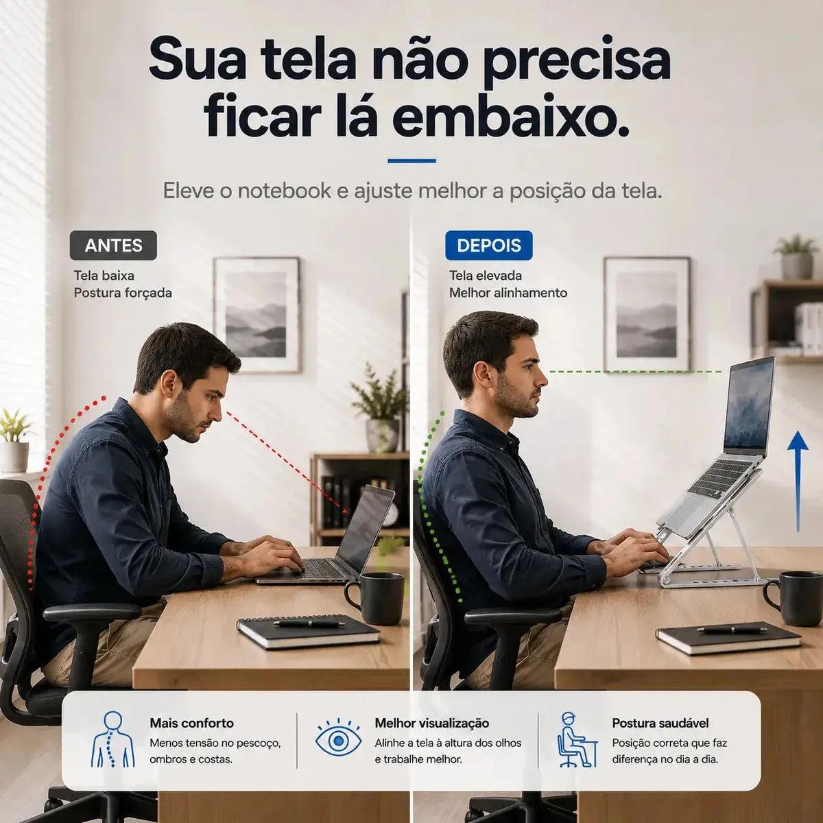 Suporte Para Notebook e Macbook de Alumínio Dobrável Prateado Ajuste de Altura e Inclinação Confortáve Base Antiderrapante Portátil Articulado Reforçado Ergonomico Universal Para 14 a 20 Polegadas thumbnail 6