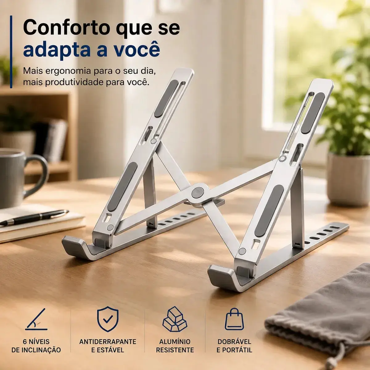 Suporte Para Notebook e Macbook de Alumínio Dobrável Prateado Ajuste de Altura e Inclinação Confortáve Base Antiderrapante Portátil Articulado Reforçado Ergonomico Universal Para 14 a 20 Polegadas thumbnail 7