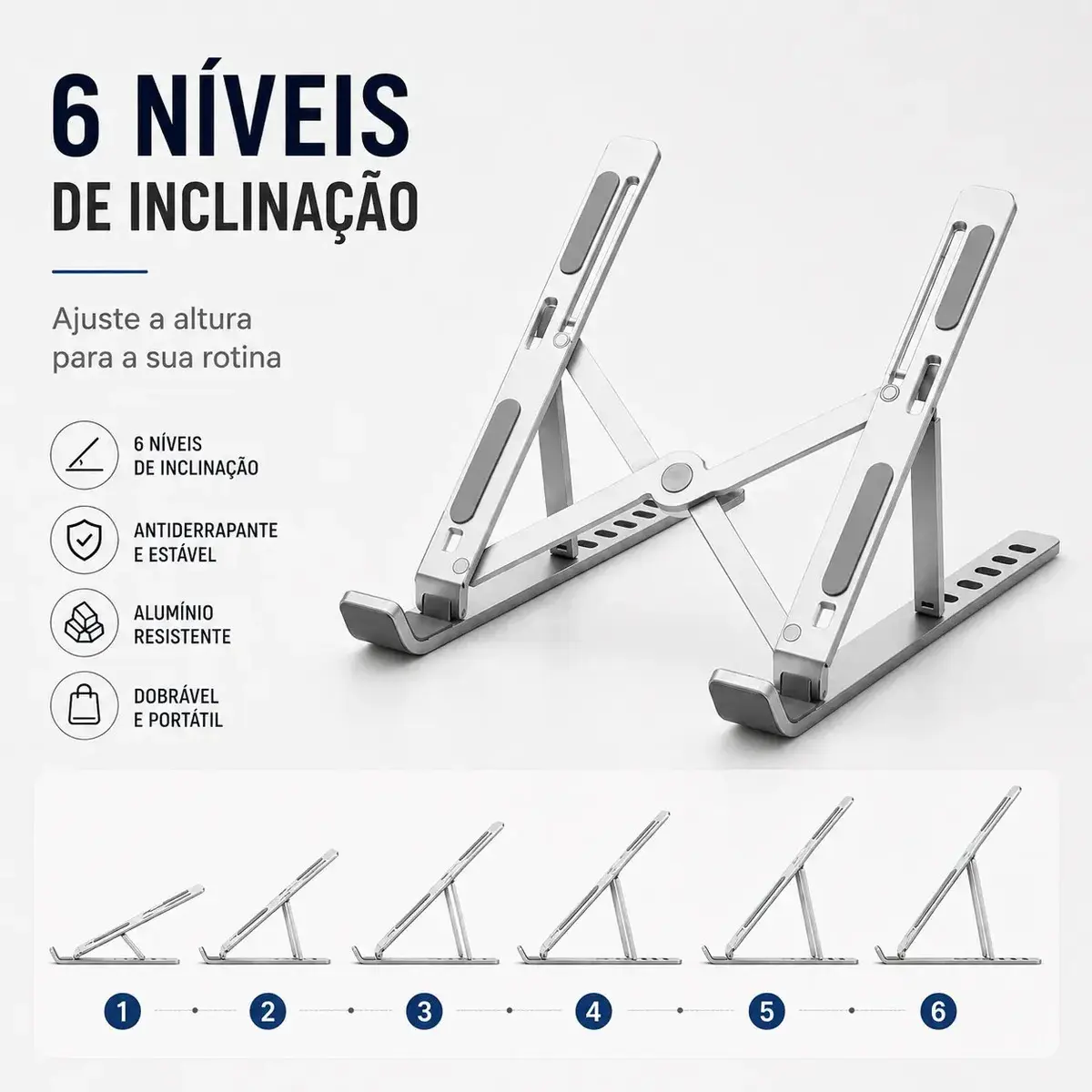Suporte Para Notebook e Macbook de Alumínio Dobrável Prateado Ajuste de Altura e Inclinação Confortáve Base Antiderrapante Portátil Articulado Reforçado Ergonomico Universal Para 14 a 20 Polegadas thumbnail 8