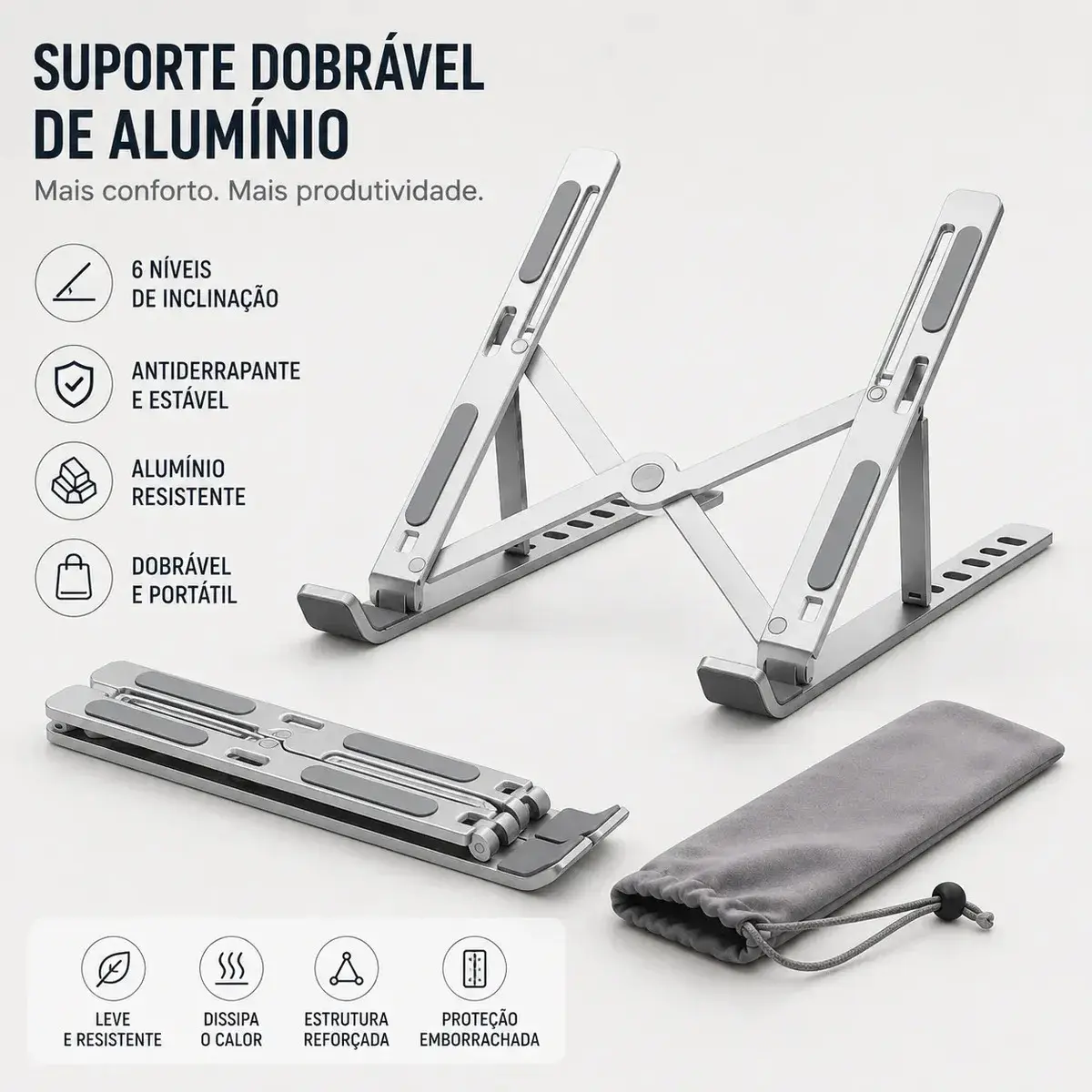 Suporte Para Notebook e Macbook de Alumínio Dobrável Prateado Ajuste de Altura e Inclinação Confortáve Base Antiderrapante Portátil Articulado Reforçado Ergonomico Universal Para 14 a 20 Polegadas thumbnail 9