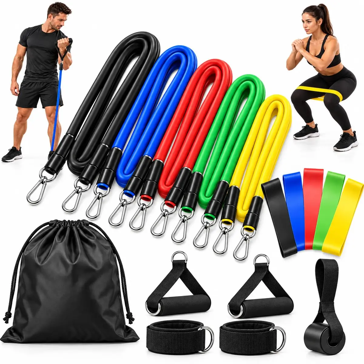 Kit 17 Peças Extensores Elásticos + Minibands, Exercícios Funcionais, Academia, Treino em Casa, Musculação, Treino Funcional, Yoga, Calistenia, Pilates e Alongamento, Pegadores e Âncora de Porta