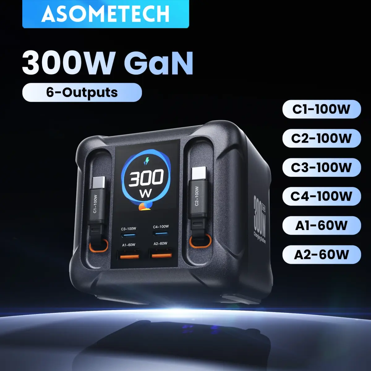 Carregador USB ASOMETECH 300W GaN com Display LED e Cabo Retrátil Tipo C 100W 65W PD3.0 PPS Estação de Carregamento Rápido para Macbook Samsung