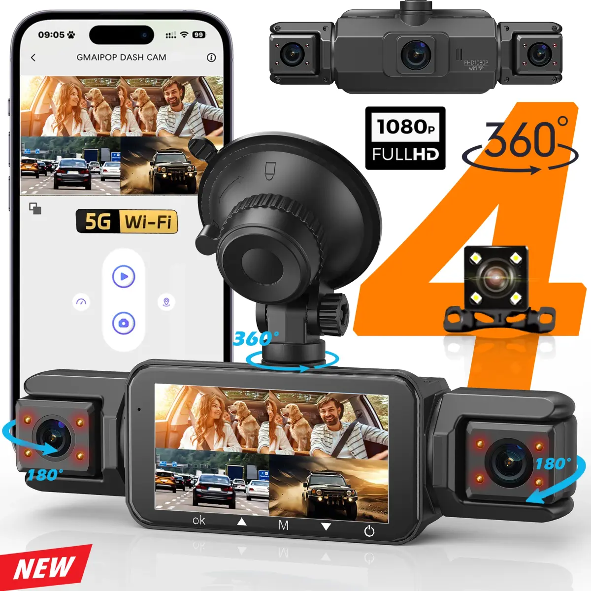 Câmera Veicular para Carros, Dashcam de 4 Canais, Caixa Preta WiFi, Câmera de Direção FHD 1080P, Visão Noturna, Gravação em Loop, Kit de Instalação com Fios, Acessórios para Carro - 1