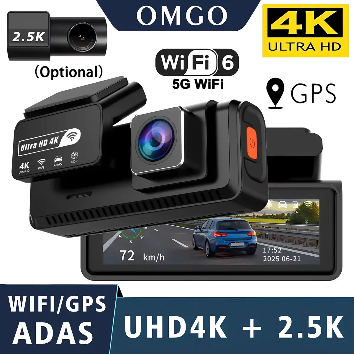 Câmera Veicular ADAS 4K+2.5K GPS WIFI Visão Noturna 24H Mini Câmera DVR com Lente Traseira Opcional para Carro Caixa Preta - 1