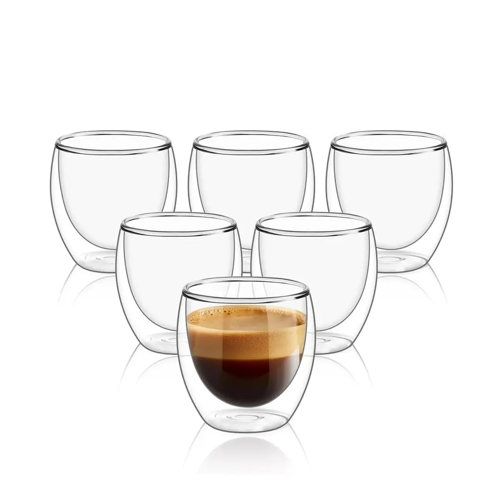 Conjunto com 6 Xícaras de 80ml Vidro para Café de Parede Dupla, Feito de Vidro Borossilicato - Kit de Xícaras para Chá, Café e Bebidas Quentes- Presente Elegante - 1