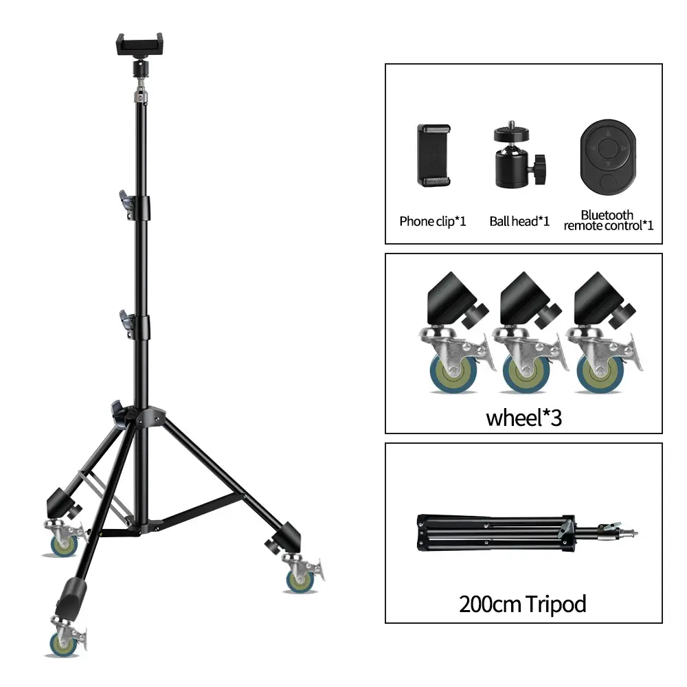 Sh tripé extensível 190cm com 1/4 parafusos e rodas bluetooth remoto para câmera dslr smartphone luz de preenchimento microfone tripé
