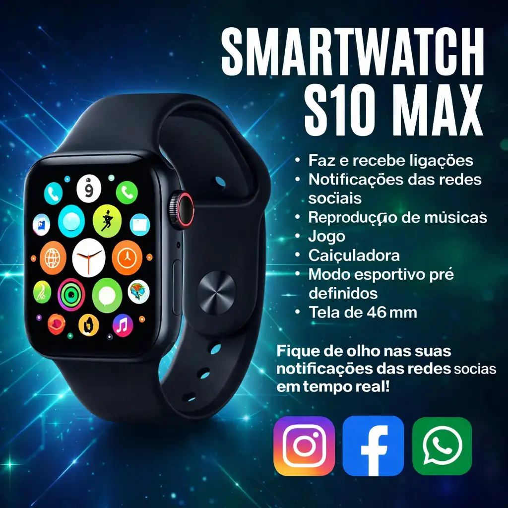 Smartwatch S10 Série 10 Relógio Digital Masculino Feminino Resistente A Agua Caixa Preta Com 2 Pulseiras Smartwatch Completo Compatível Android E Ios Monitor Atividades 3 Tech Preto Liso thumbnail 3
