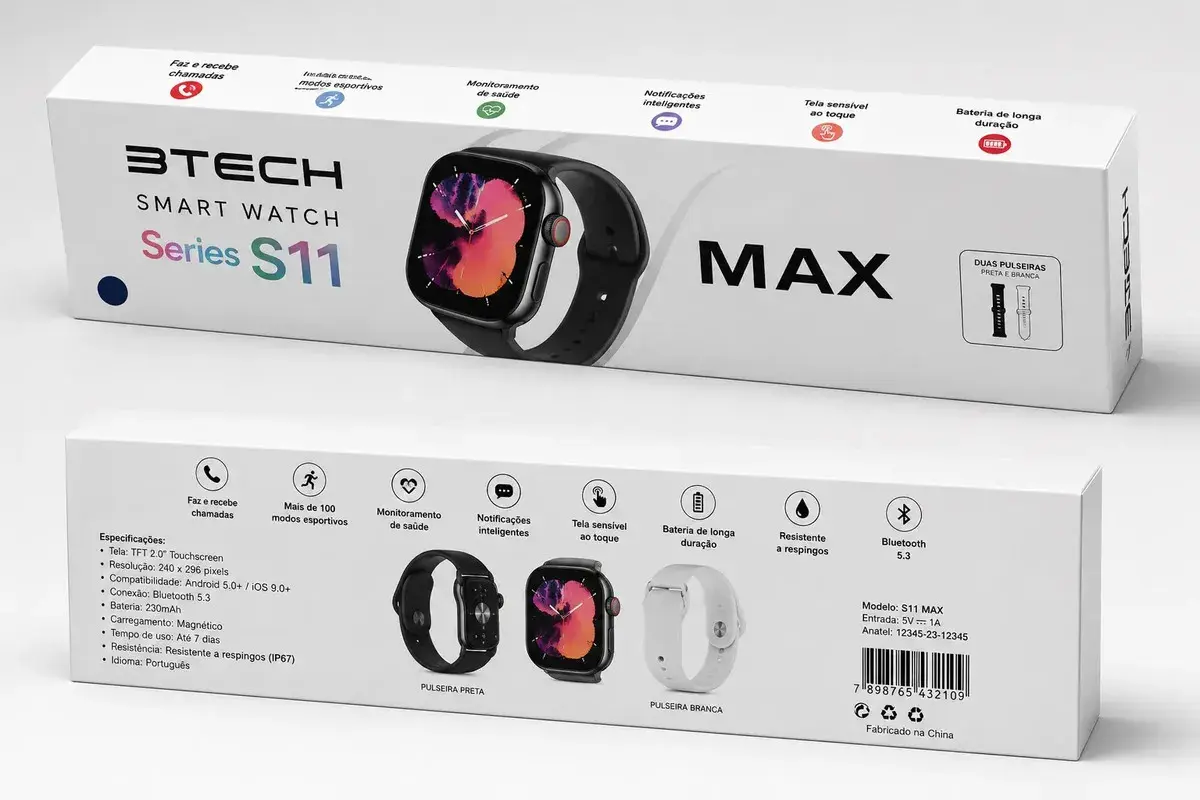 Smartwatch S10 Série 10 Relógio Digital Masculino Feminino Resistente A Agua Caixa Preta Com 2 Pulseiras Smartwatch Completo Compatível Android E Ios Monitor Atividades 3 Tech Preto Liso thumbnail 8