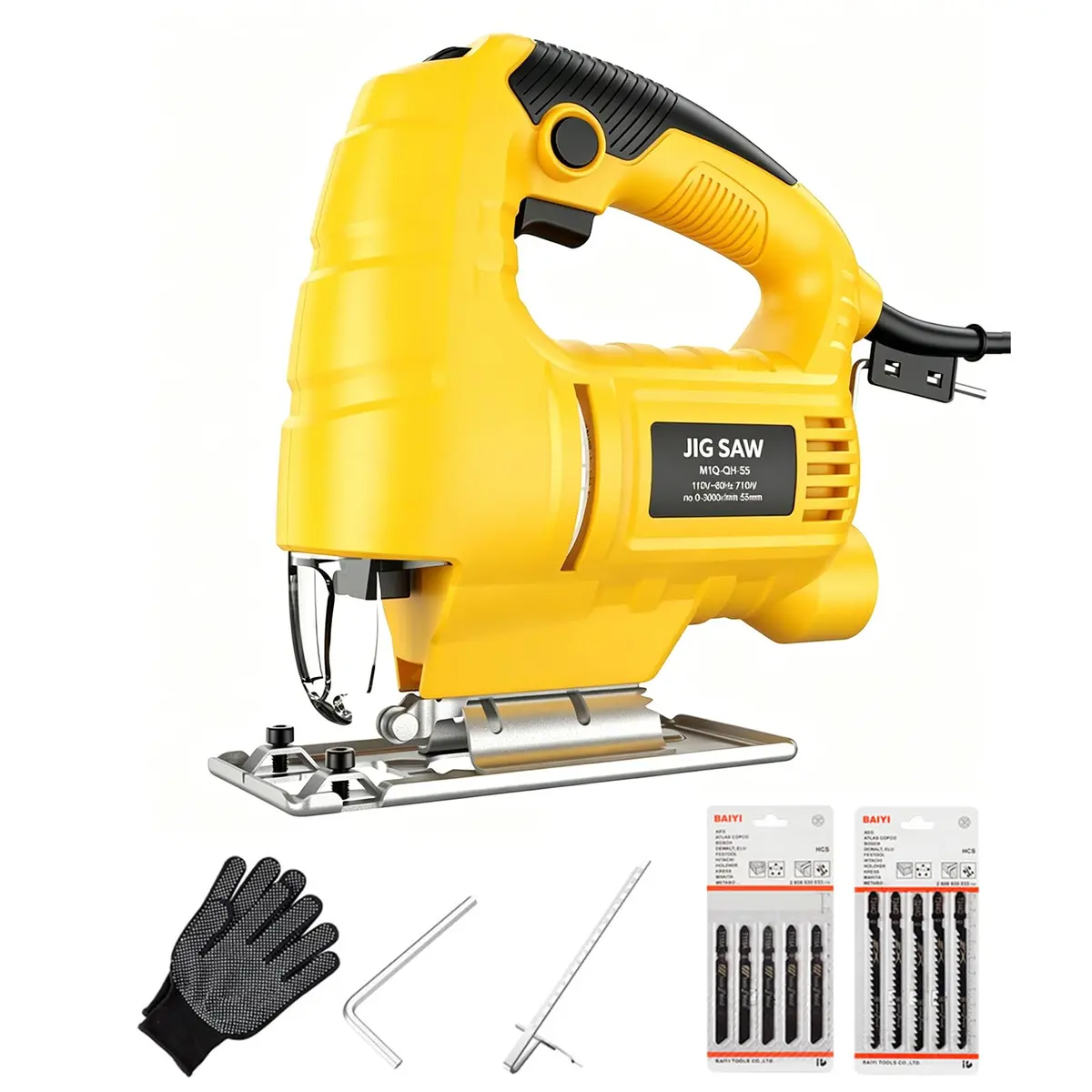Serra Elétrica 710W 110V, Motor de Cobre Puro, 6 Velocidades, Corte Reto/Curvo/Inclinado, com Aspiração e 10 Lâminas, Ideal para Madeira, Metal e PVC