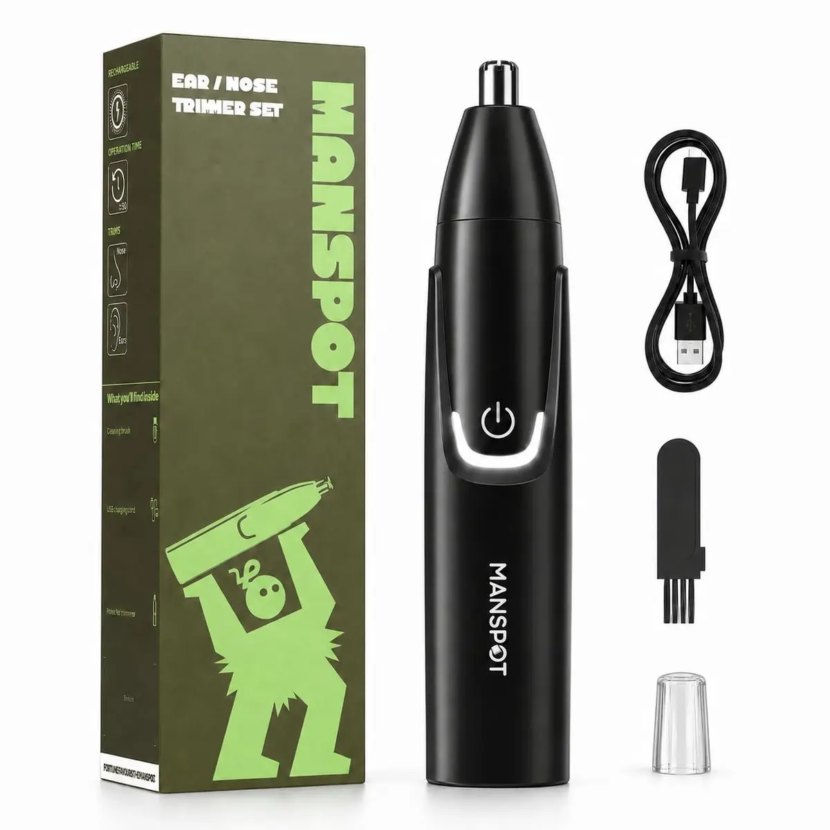 MANSPOT Depilador de Nariz e Orelha para Homem, Recarregável USB-C | Motor potente,lâminas de corte duplo,cabeça removível e design impermeável para aparar pelos do nariz e orelhas com precisão. - 1