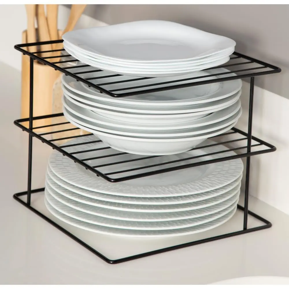 Suporte Porta 24 Pratos Organizador de Armário de Cozinha Aramado 3 Andares Preto Pliar - 1