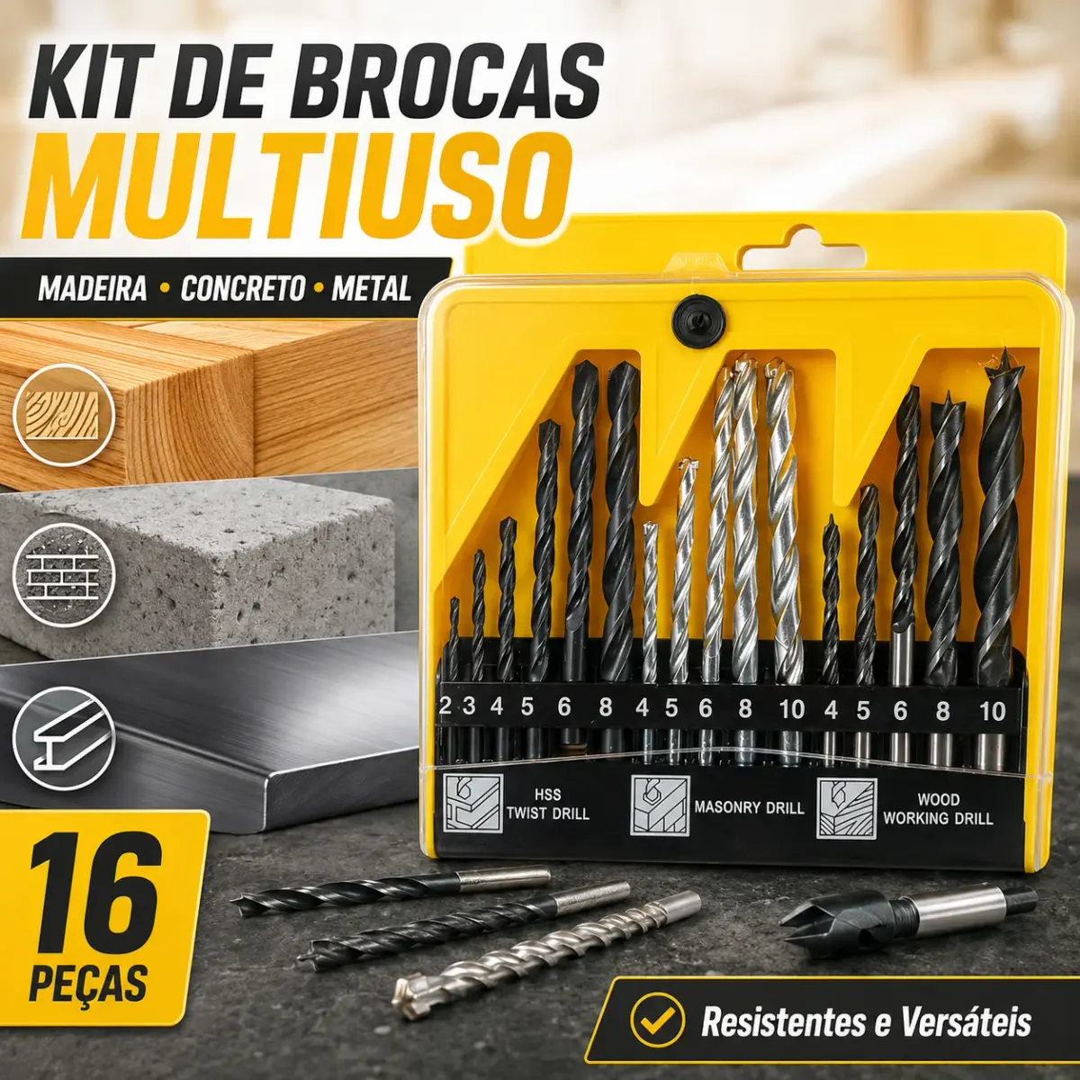 Conjunto de Brocas Universais de 16 Peças HSS para Metal, Alvenaria, Concreto e Madeira, Kit de Brocas Espirais de 2-10mm, Acessórios para Ferramentas Elétricas