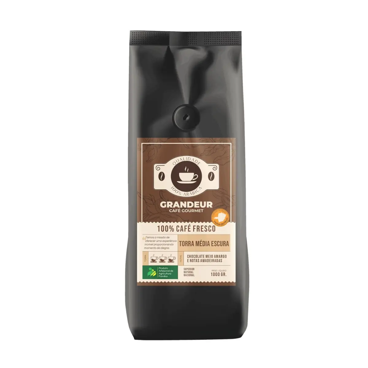 Café em Grãos - Grandeur Café Gourmet Torrado Médio Escura, 100% Arábica, Matas de Minas, 1kg, Notas Sensoriais Chocolate Meio Amargo e Amadeirado.