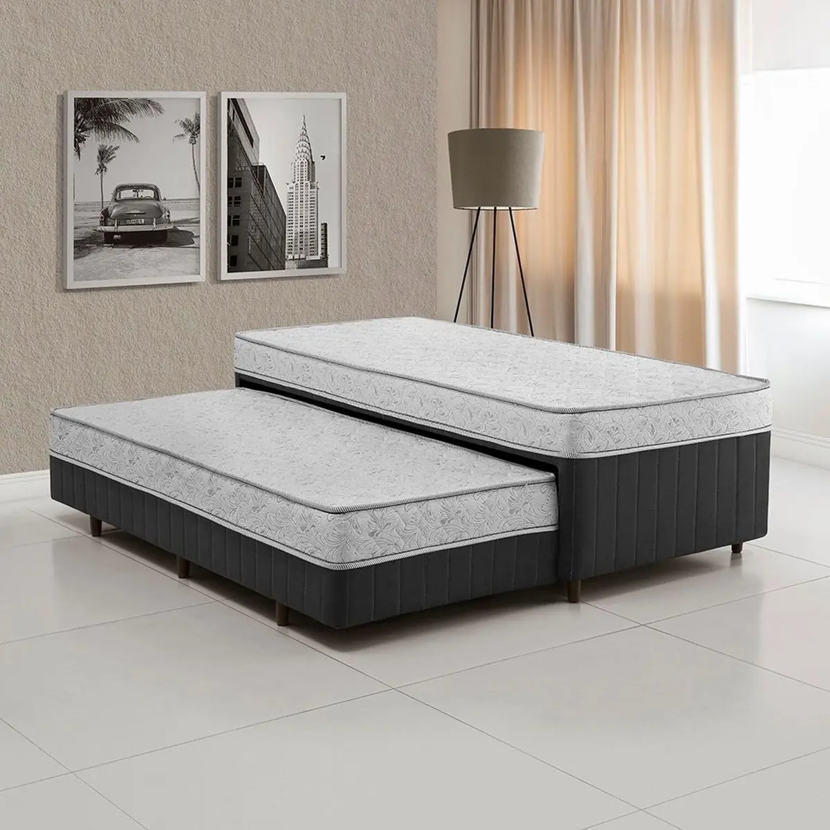 Cama Box Conjugada Solteiro com Auxiliar 88CMX58CMX188CM Espuma D28 Sensor Yescasa Cinza Branco/Chumbo Branco/Cinza Chumbo