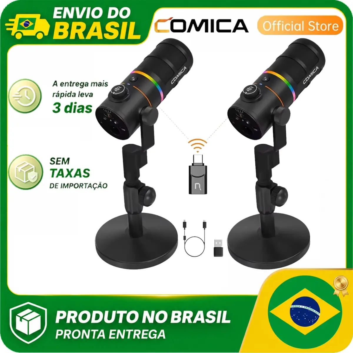 Microfone Sem Fio Dinâmico COMICA Ejoy D10 Pro Cardióide XLR/USB para PC Gaming com Luz RGB para Streaming e Podcast no Brasil