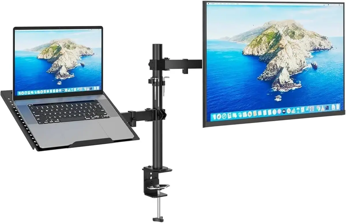 Suporte Monitor e Notebook 13-32" Braço Articulado Bandeja Ventilada | Suporte Duplo Articulado para Monitor e Notebook, VESA 75x100mm,Ideal para Home Office e Setup Game - 1