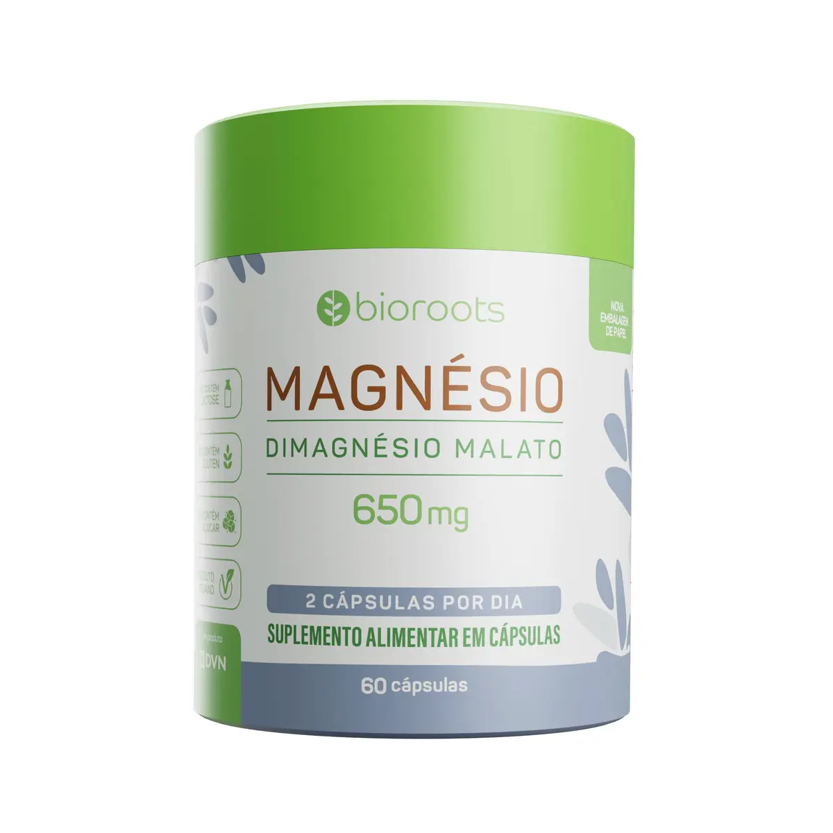 Magnésio Malato 650mg, Bioroots, Vegano Nutrição Limpa - 60 Cápsulas | Auxilia no funcionamento muscular e neuromuscular