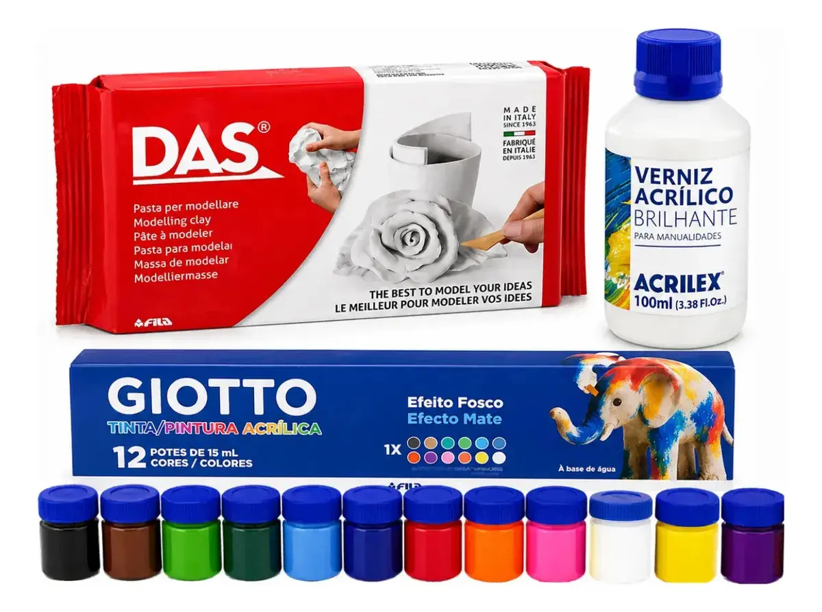 Massa Para Modelar Das 500g Com Tinta Acrílica 12un E Verniz
