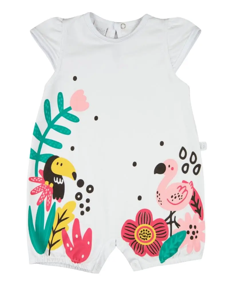 Macacão Bebê Menina Verão Sem Mangas Suedine Silk Screen Tucano e Flamingo - Branco