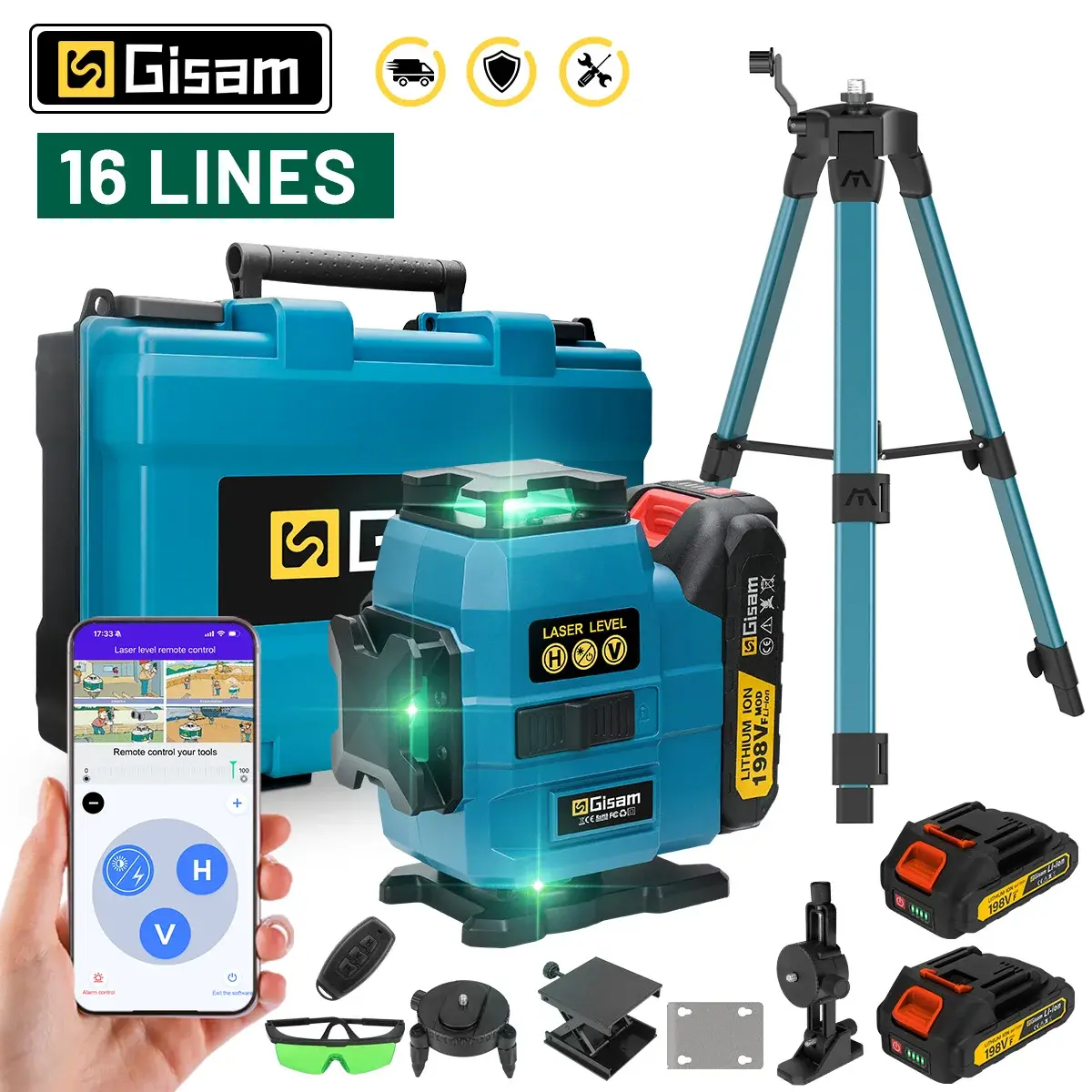 Nível a Laser Gisam 16 Linhas 4D 360° Vertical e Horizontal, Feixe Verde Super Potente Profissional para Baterias Makita 18V