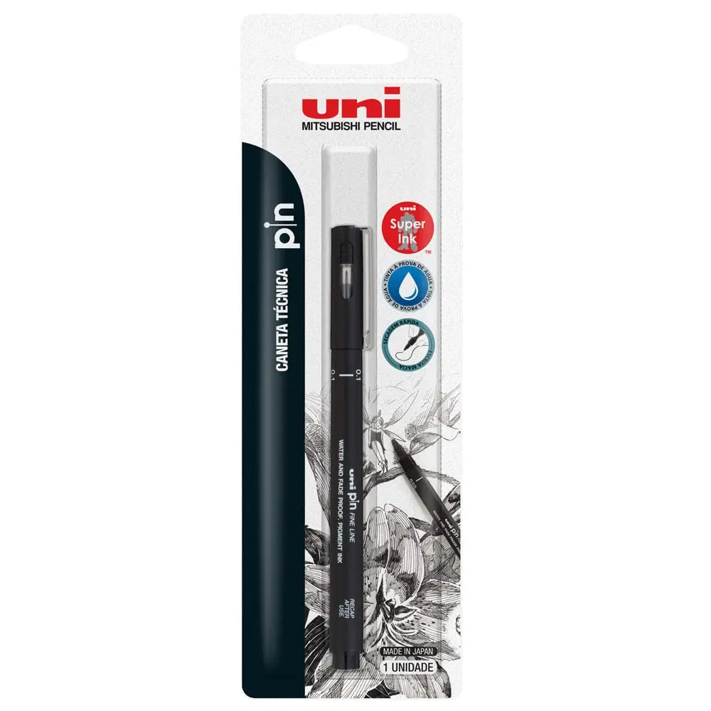 Uni-ball Pin Fine Line Caneta Técnica - 0.1 mm - Preta - Blister com 1 unidade