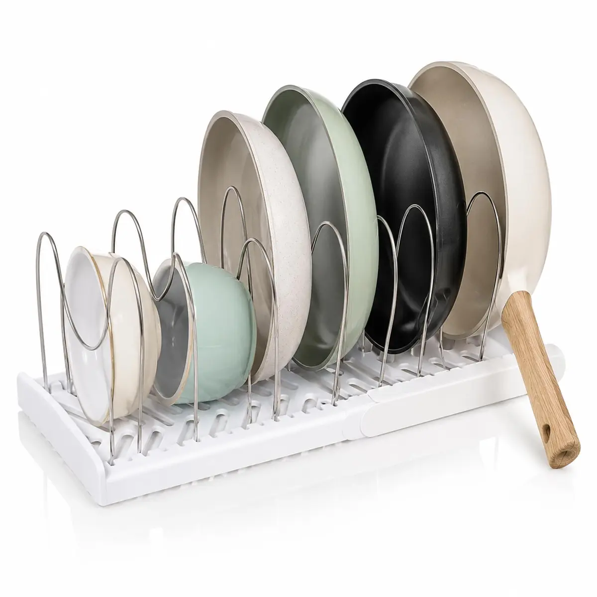 Organizador de Panelas Ajustável para Embaixo do Armário 34.5-56.5cm com 7 Divisórias em Aço Inoxidável e Base HIPS Suporte para Panelas para Cozinha Doméstica e Armário