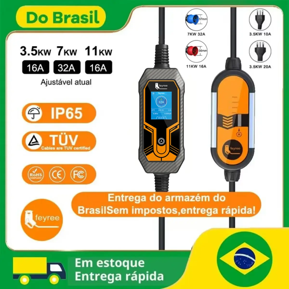Carregador Portátil Feyree 32A 7KW Tipo 2 para Veículos Elétricos, 11KW 16A 3 Fases, Cabo de 5M, Caixa de Carregamento EVSE, Carregador de Carro com Plugue CEE para Veículos Elétricos