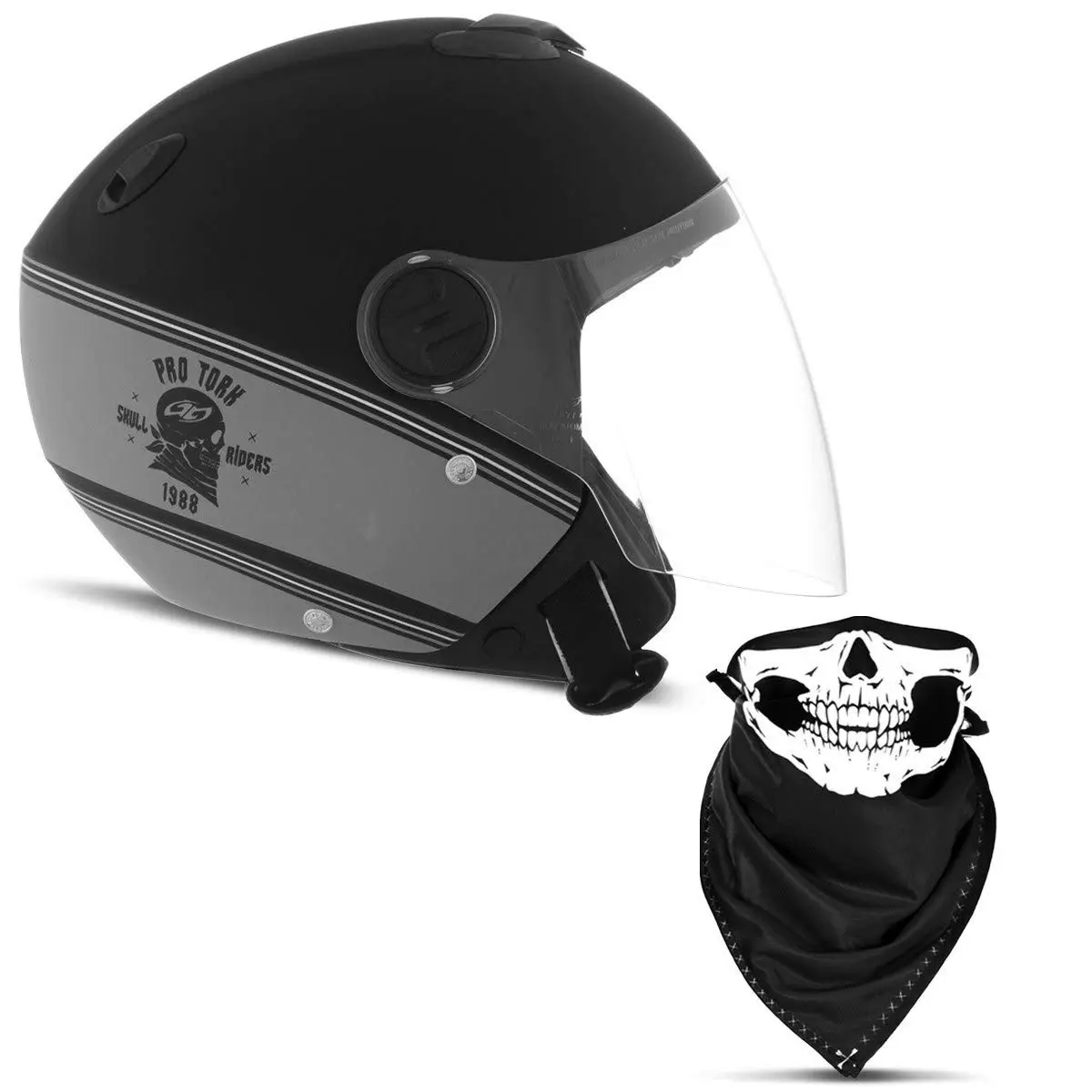 CAPACETE ABERTO PRO TORK NEW ATOMIC SKULL RIDERS HD PRATA - PRETO FOSCO TAM. 58