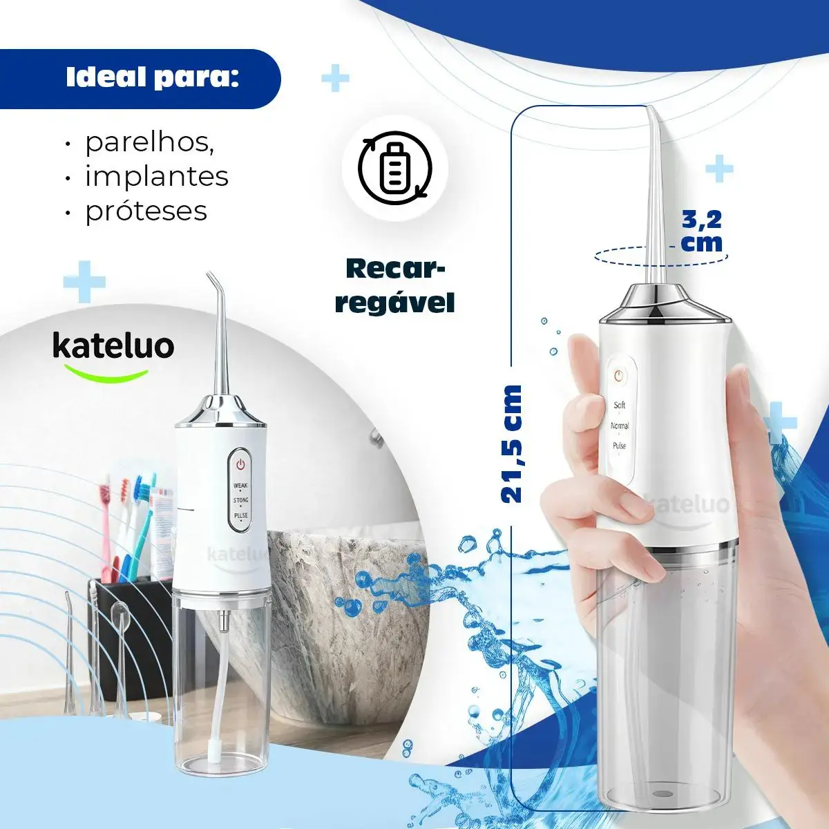 Irrigador Oral bucal Limpeza Elétrico Bivolt Portátil Dental Gengiva Jato D'água 3 Níveis De Pressão Recarregável Cores Aleatoria KATELUO thumbnail 2