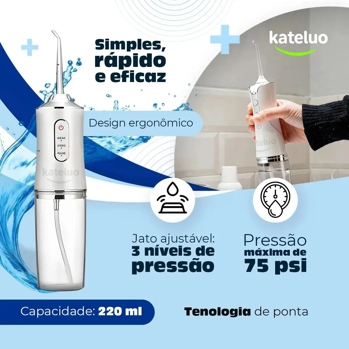 Irrigador Oral bucal Limpeza Elétrico Bivolt Portátil Dental Gengiva Jato D'água 3 Níveis De Pressão Recarregável Cores Aleatoria KATELUO thumbnail 4