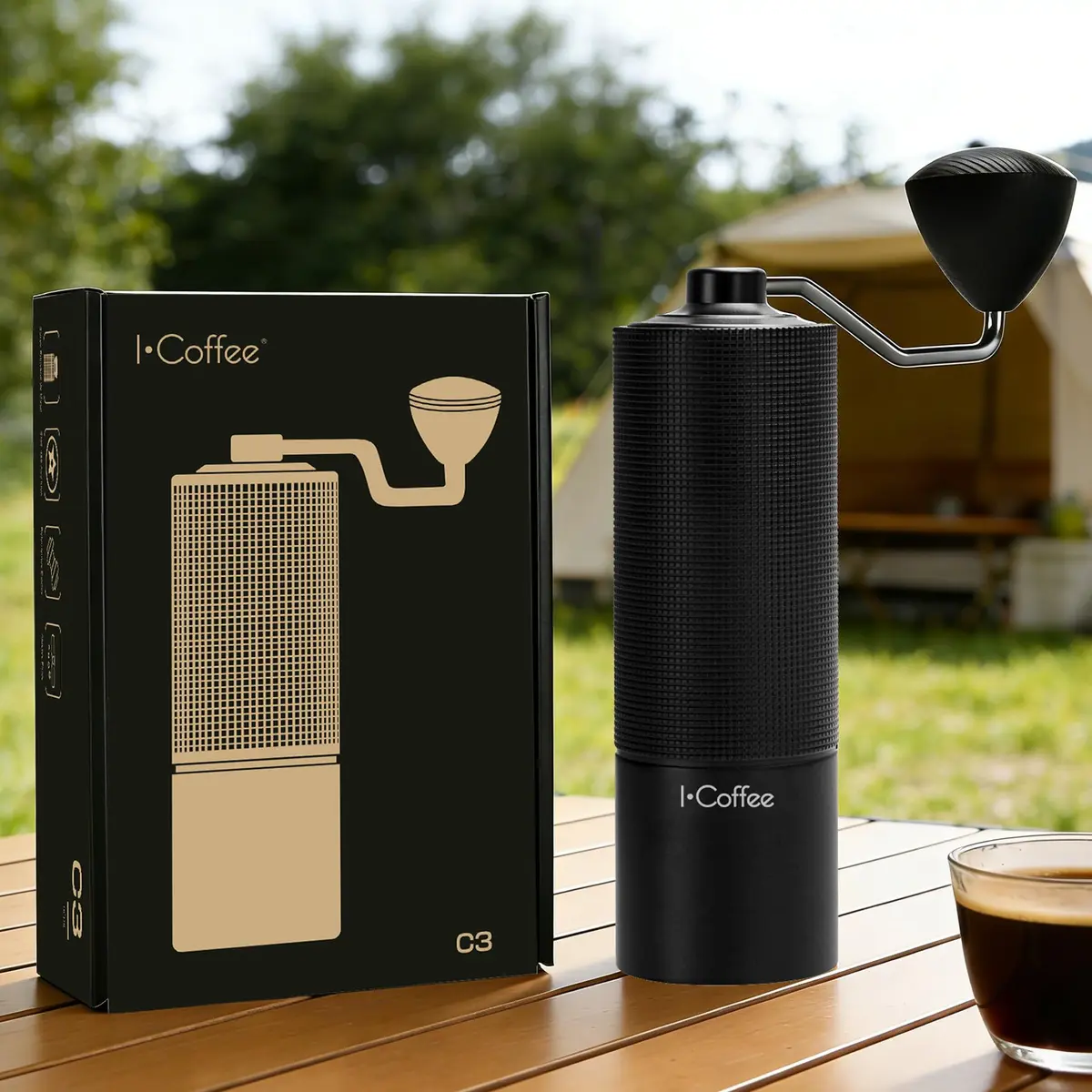 iCoffee Moedor de Café Manual C3S Com Capacidade de 20g | Broca Cônica de Aço Inoxidável CNC, Ajuste Interno Ajustável, Posicionamento de Rolamento Duplo (Preto) - 1