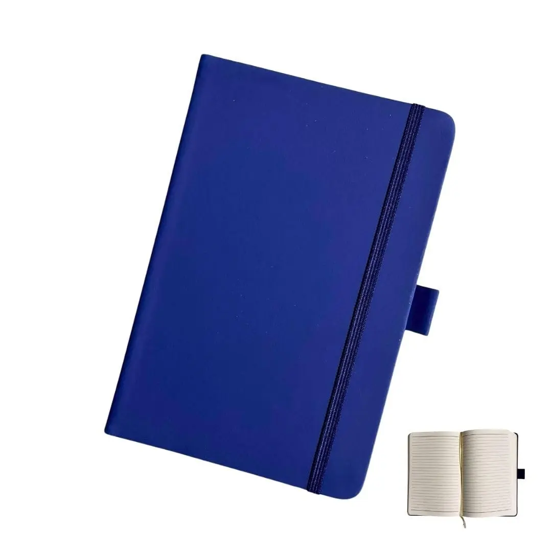 Caderno A5 COM PAUTA 14x21cm, Suporte Para Caneta, Capa Dura em Couro Sintético Azul, 160 Páginas, Para Escritório e Anotações
